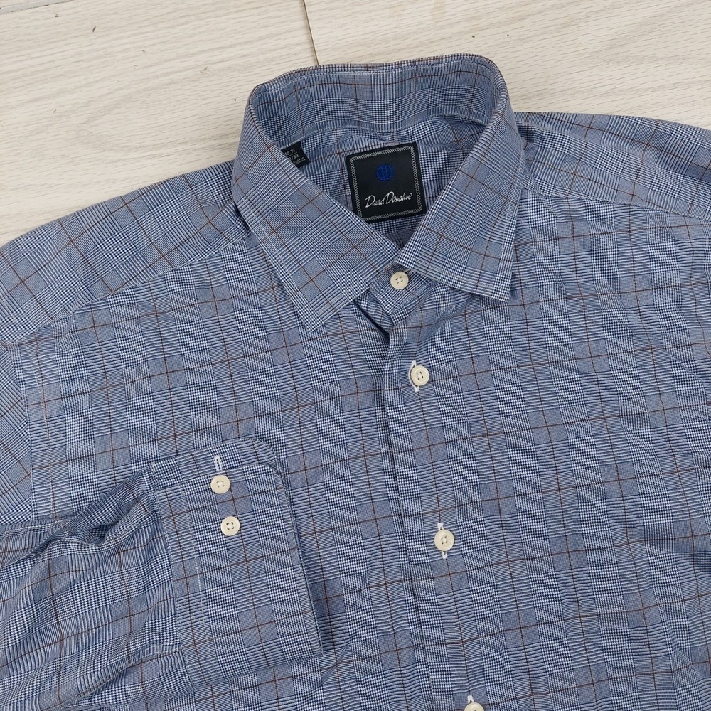 David Donahue Dress‎ Shirt Mens 15.5 32/33 Blue Windowpane Houndstooth Plaid